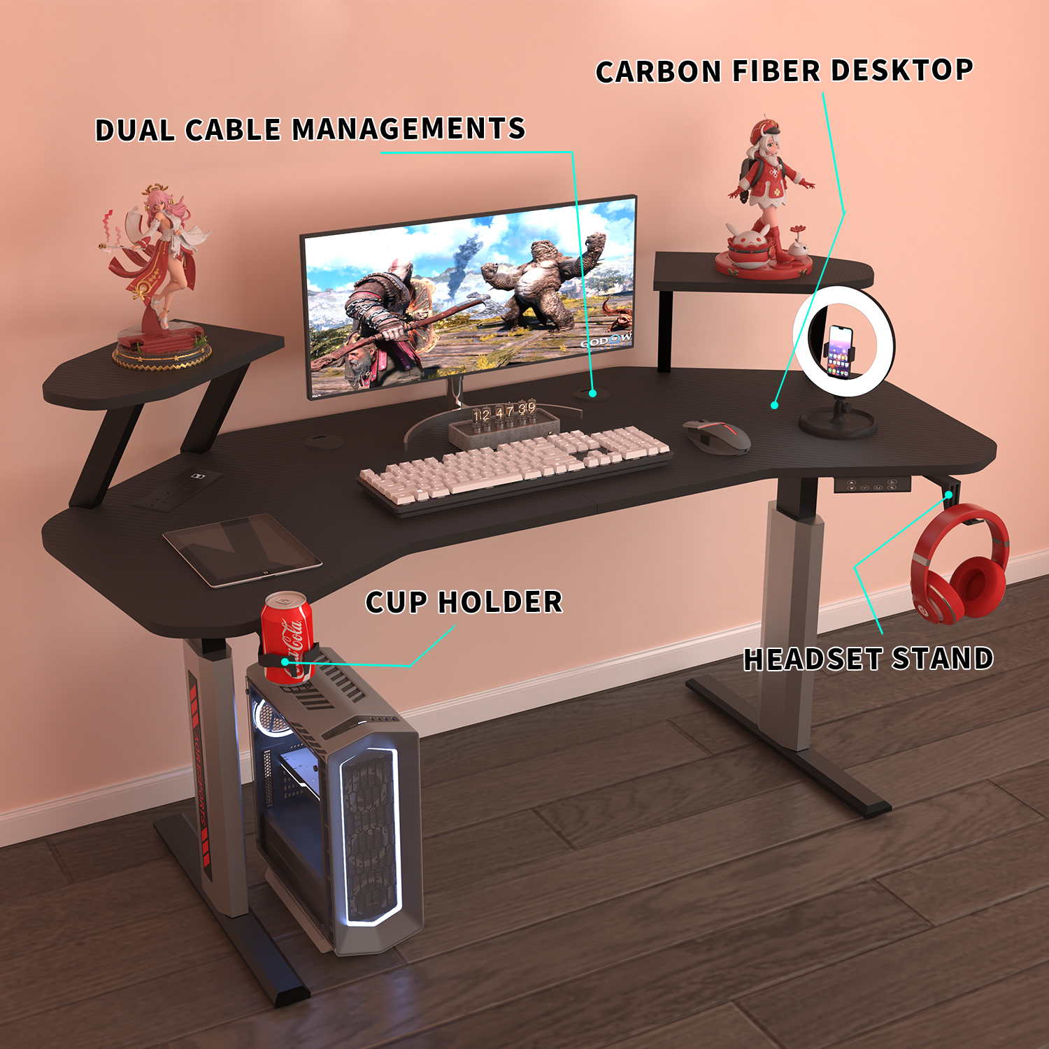 AOR ESPORTS Escritorio de oficina eléctrico de altura ajustable con soporte para monitor
