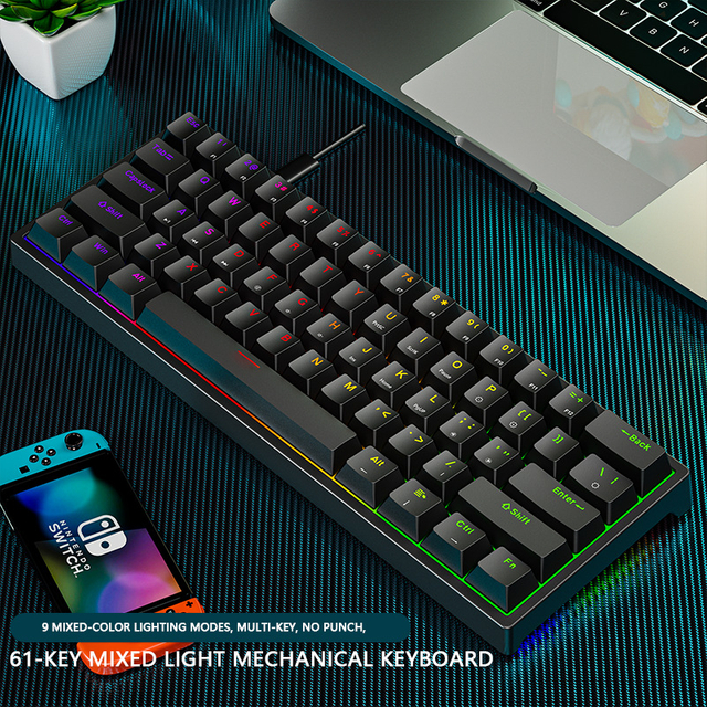 Teclado mecánico con cable deportivo electrónico Teclado mecánico enchufable con eje verde claro de 61 teclas