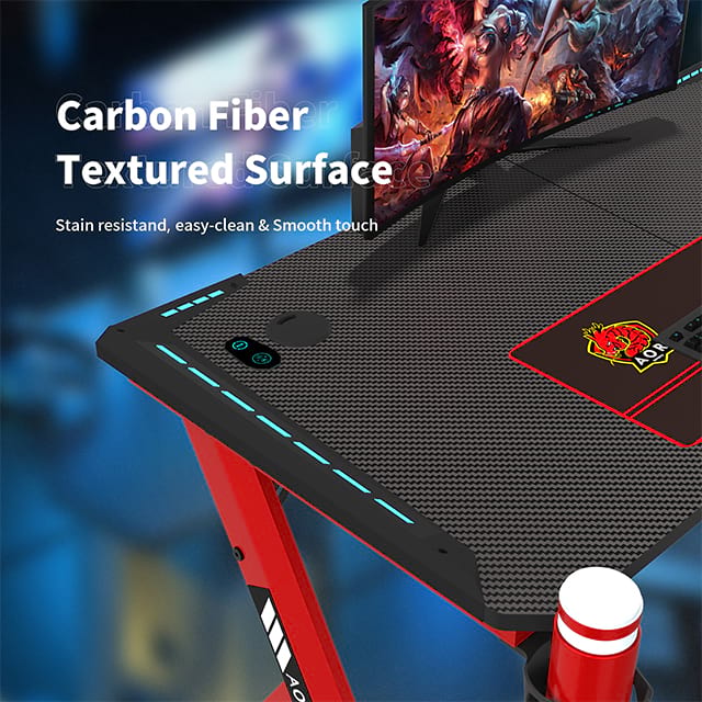 Escritorio para juegos, escritorio LED de fibra de carbono en forma de R, escritorio para oficina en casa con alfombrilla para ratón, portavasos y gancho para auriculares, 47 pulgadas, rojo
