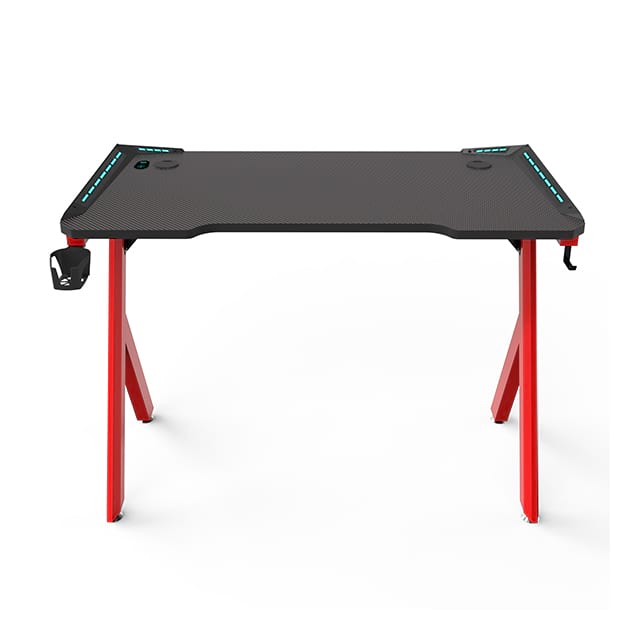 Escritorio para juegos, escritorio LED de fibra de carbono en forma de R, escritorio para oficina en casa con alfombrilla para ratón, portavasos y gancho para auriculares, 47 pulgadas, rojo