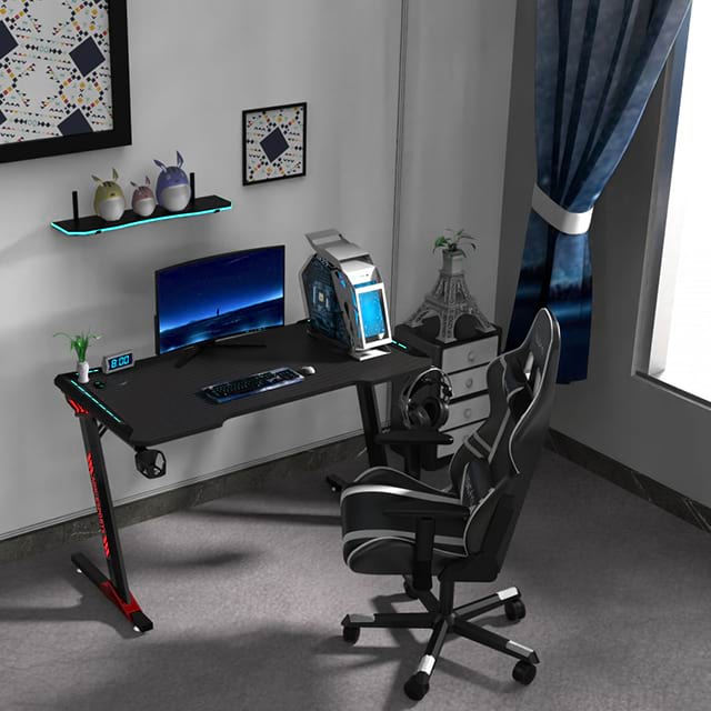 Escritorio para juegos en forma de Z para oficina, escritorio de tablero de partículas de 47 pulgadas con alfombrilla para ratón, mesas para jugadores con portavasos y gancho para auriculares