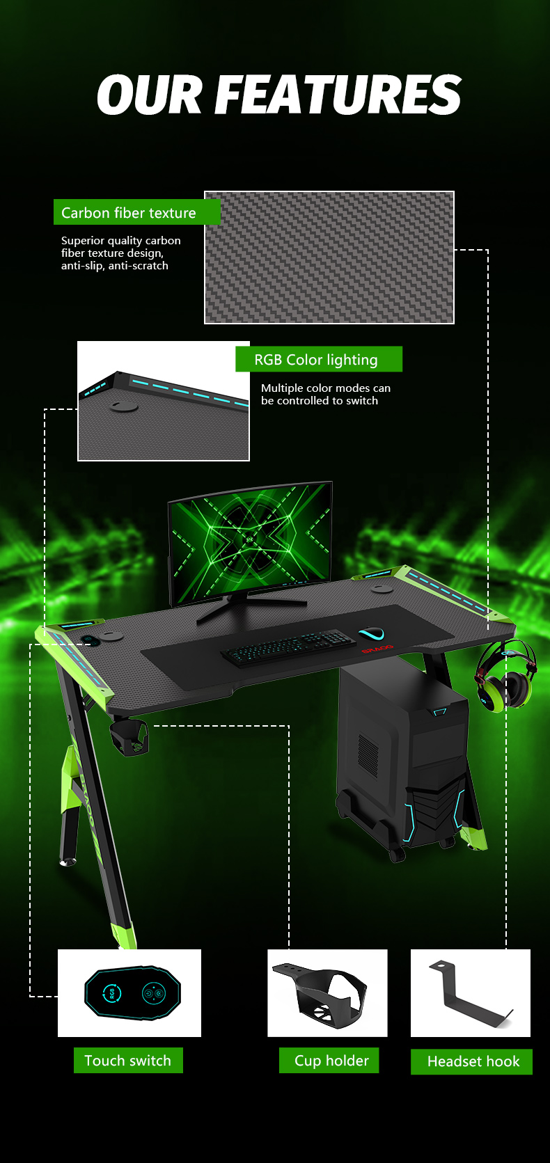 Escritorio para juegos integrado ecol&oacute;gico en forma de R con luz RGB