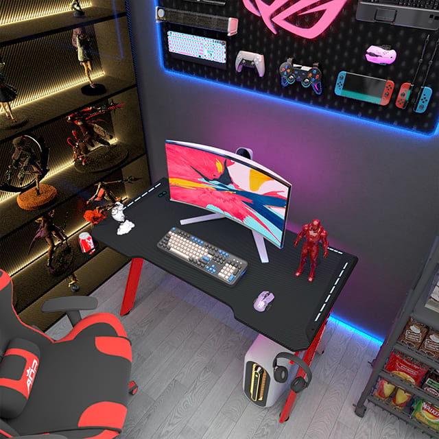 Escritorio para juegos, escritorio LED de fibra de carbono en forma de R, escritorio para oficina en casa con alfombrilla para ratón, portavasos y gancho para auriculares, 47 pulgadas, rojo