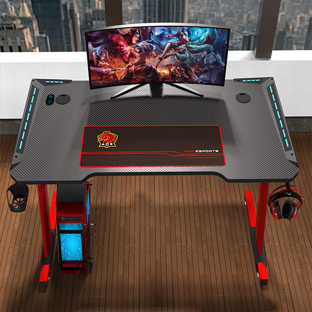 Escritorio para juegos en forma de Z para oficina, escritorio de tablero de partículas de 47 pulgadas con alfombrilla para ratón, mesas para jugadores con portavasos y gancho para auriculares