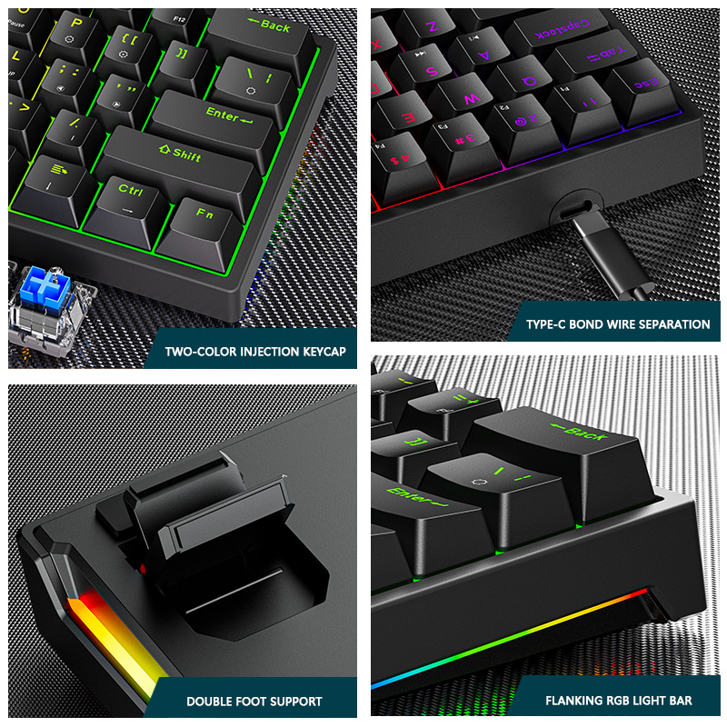 Teclado mecánico con cable deportivo electrónico Teclado mecánico enchufable con eje verde claro de 61 teclas