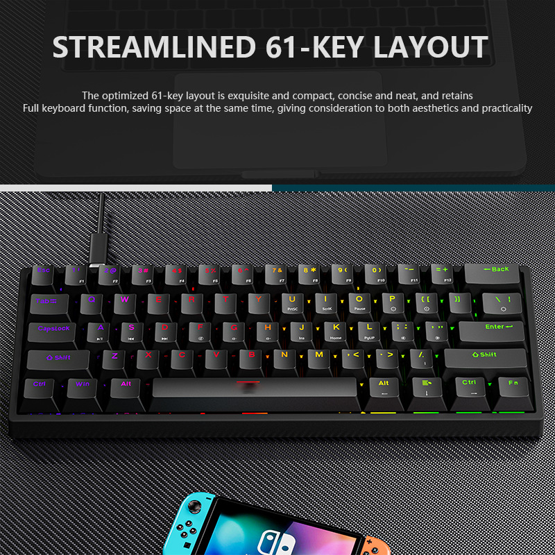 Teclado mecánico con cable deportivo electrónico Teclado mecánico enchufable con eje verde claro de 61 teclas